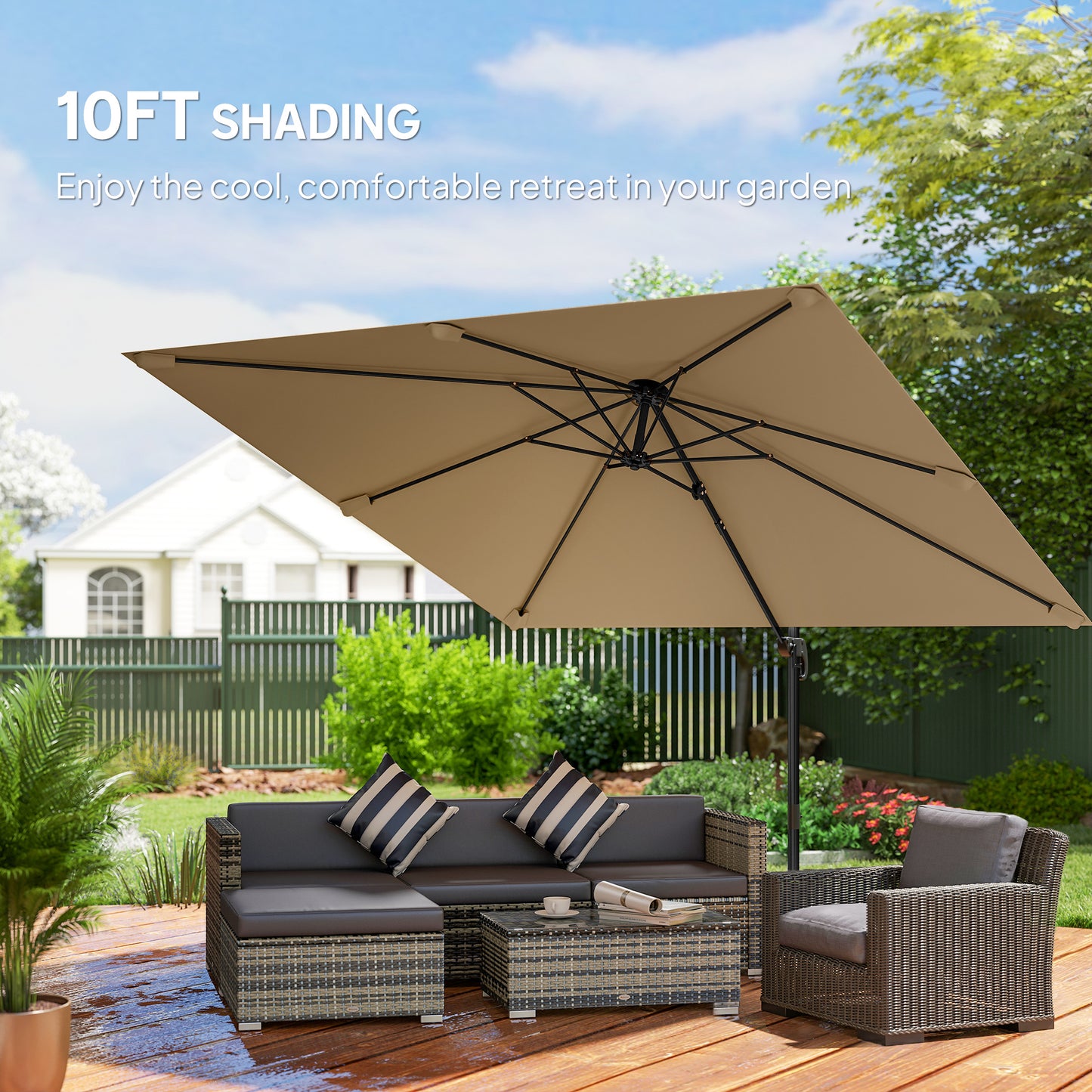 Outsunny 3x3m Cantilever Parasol Square Patio Umbrella With Crank Handle Cross Base Tilt 360 Degree Rotation Khaki