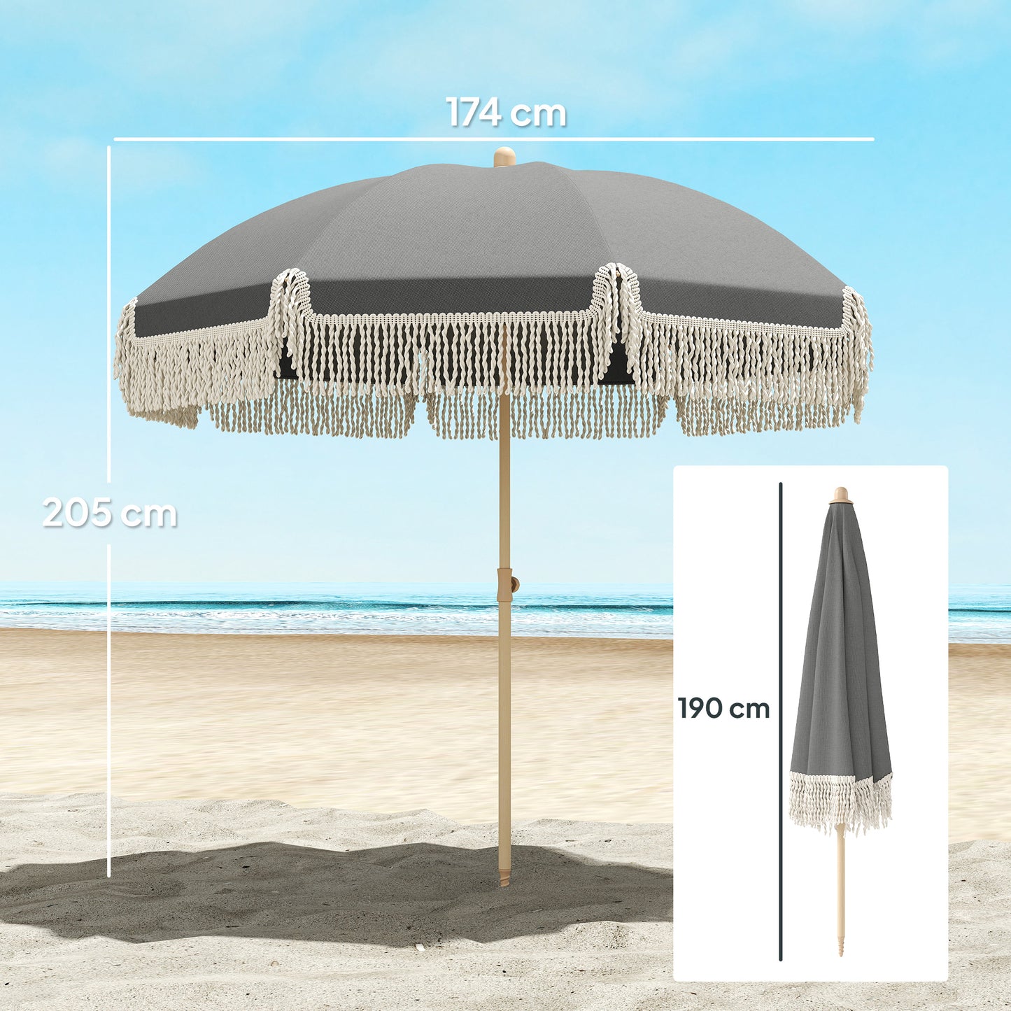 Outsunny 1.7 m Beach Umbrella With Sand Anchor And 30 Degree Tilt Adjustable Height Fringed Parasol Grey