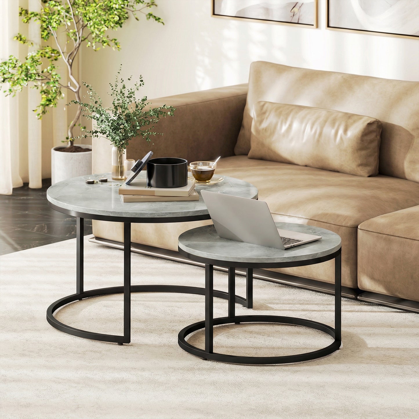 HOMCOM Marble Effect Stacking Tables Set Of Two Grey Nesting Tables For Living Room