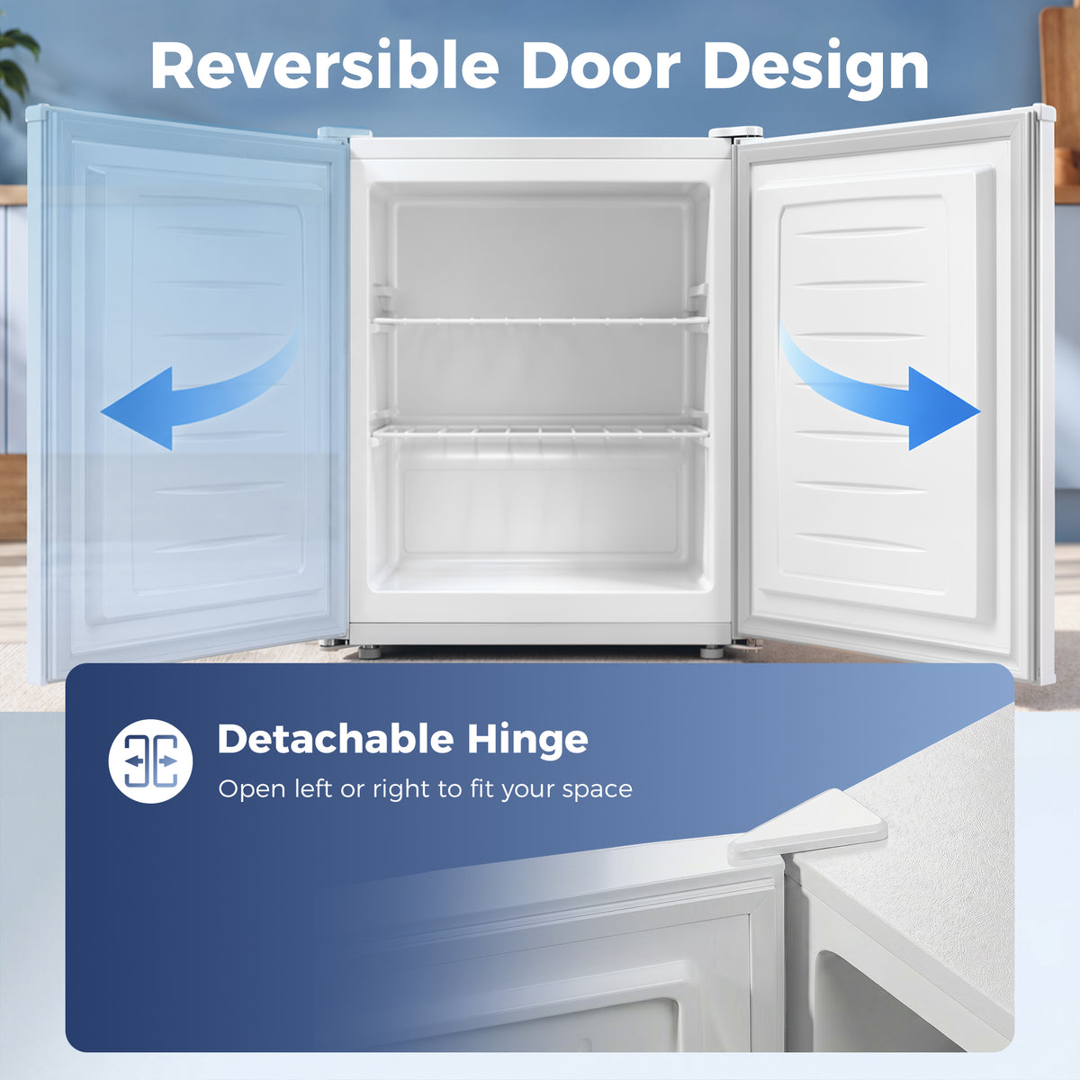 White mini freezer showing reversible door design with open interior