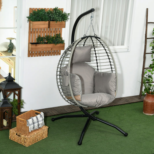 Outsunny Hanging Egg Chair with Padded Cushion and Metal Stand, Foldable Design with Cup Holder - ALL4U RETAILER LTD