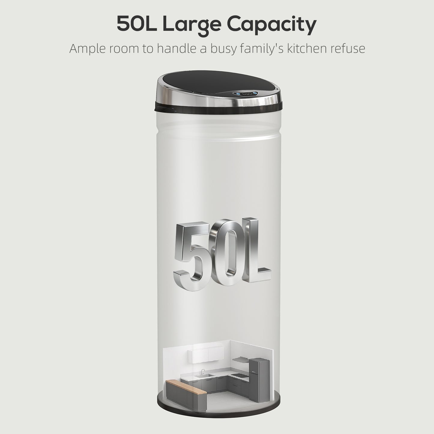 HOMCOM 50L Stainless Steel Trash Bin With Touchless Motion Sensor And Soft Close Lid Removable Inner Bucket