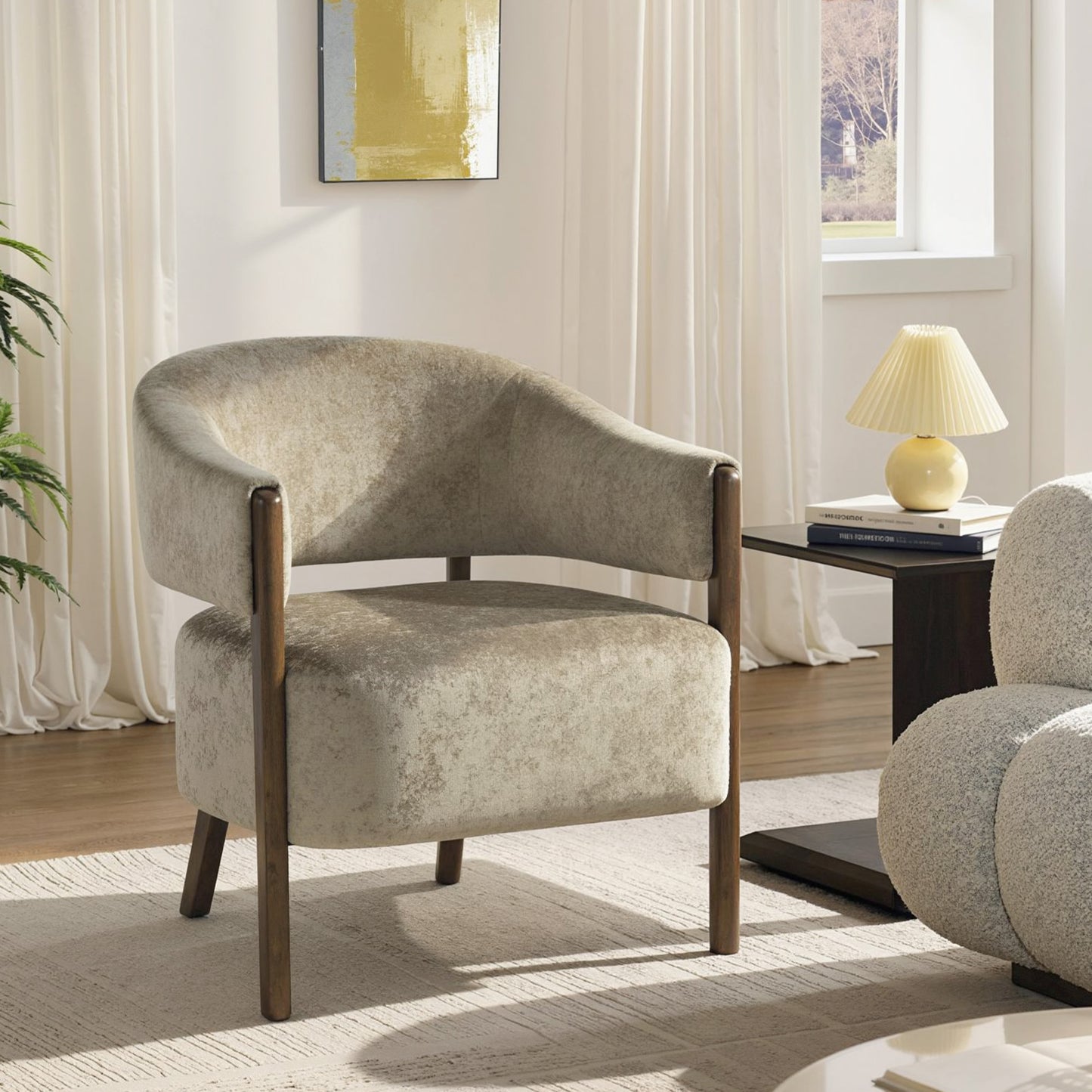 HOMCOM Accent Chair Upholstered Tub Chair With Solid Wood Frame And Legs In Light Brown Chenille Fabric