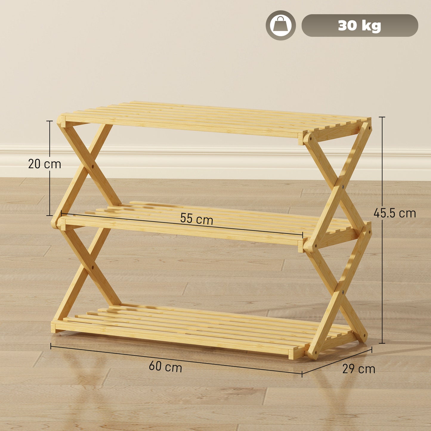 HOMCOM Three Tier Folding Bamboo Shoe Rack Natural Finish Holds Up To Nine Pairs Of Shoes And Boots