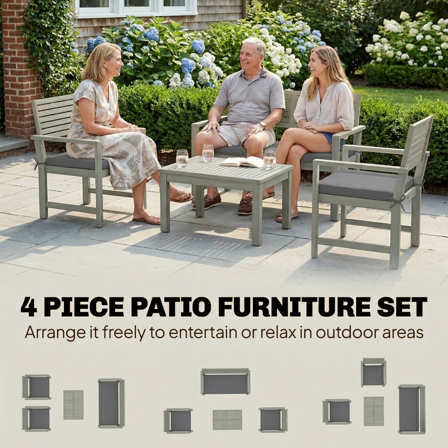 Outsunny 4 Piece Outdoor Wooden Garden Furniture Set Acacia Wood Loveseat Armchairs Table Light Grey Cushions