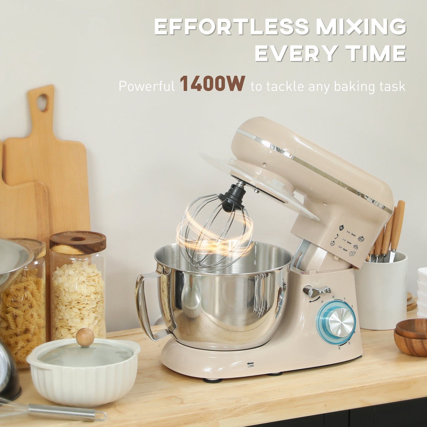 HOMCOM 1300W Stand Mixer With Accessories Beige 6 Speeds And Pulsation 4.5L Stainless Steel Bowl