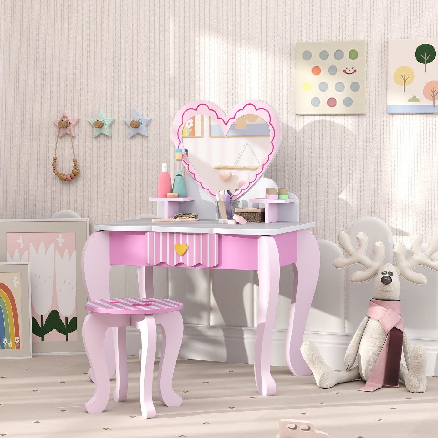 AIYAPLAY Kids Vanity Dressing Table Set With Stool Mirror Drawer And Desktop Storage Heart Theme Pink