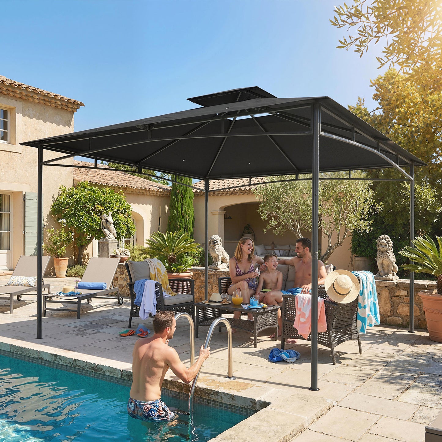Outsunny 3x3 M Garden Gazebo With 2 Tier Roof And Powder Coated Metal Frame Dark Grey Waterproof UV Protected