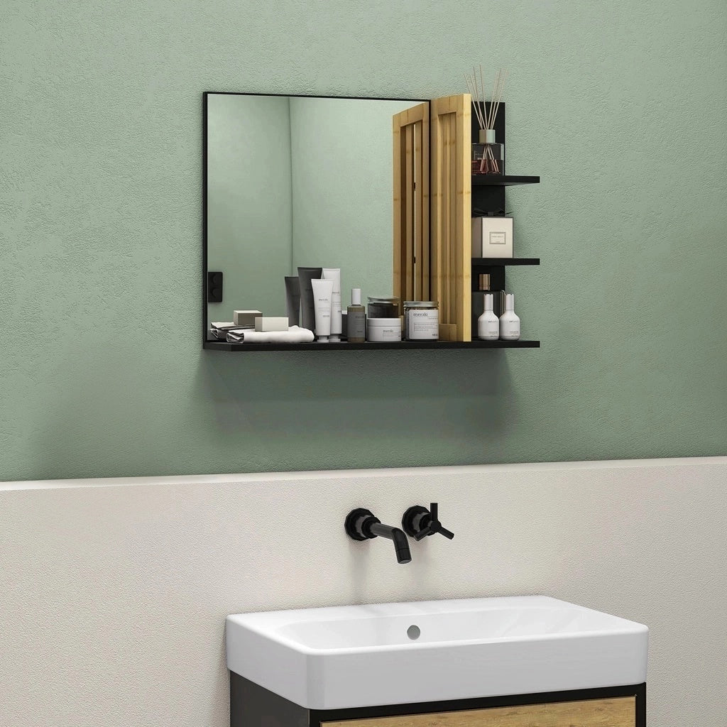 HOMCOM Bamboo Panel Bathroom Mirror With Four Shelves And Large Reflective Surface For Makeup And Toiletries Storage