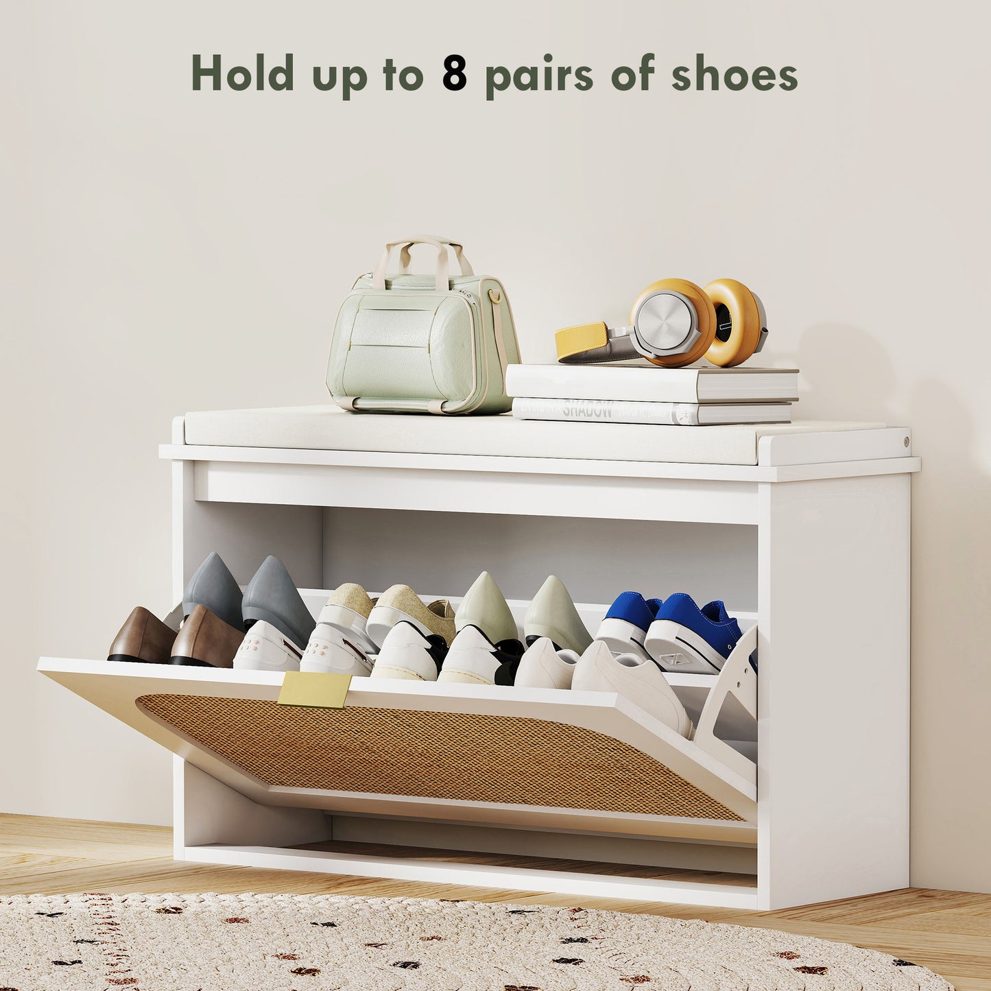 HOMCOM Boho Style Shoe Bench With Padded Seat And Flip Drawer White For Entryway Organization