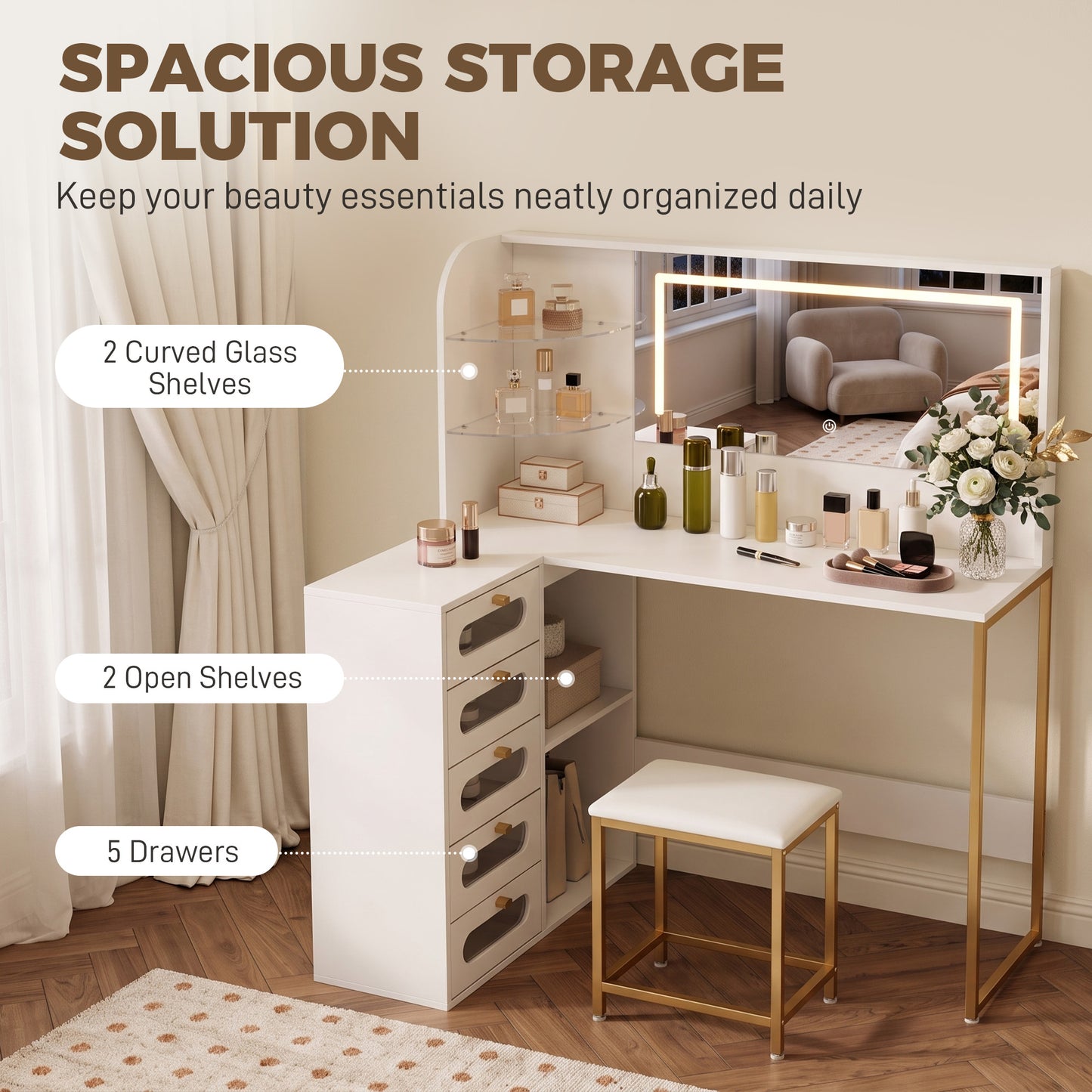 HOMCOM Dressing Table With LED Mirror And Stool L Shaped Vanity Desk With Drawers And Shelves In White