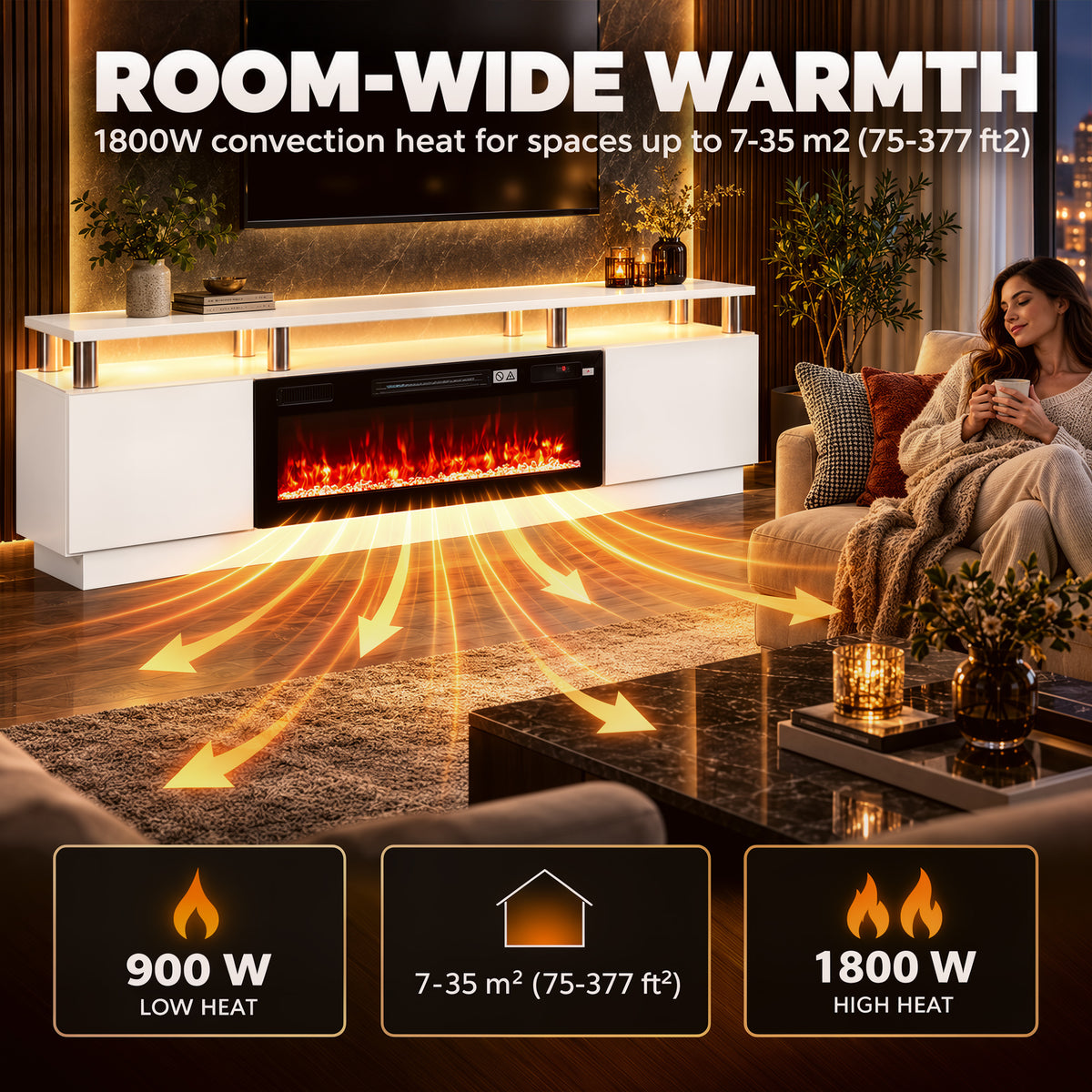 White electric fireplace TV stand with illuminated shelves and wide flame display