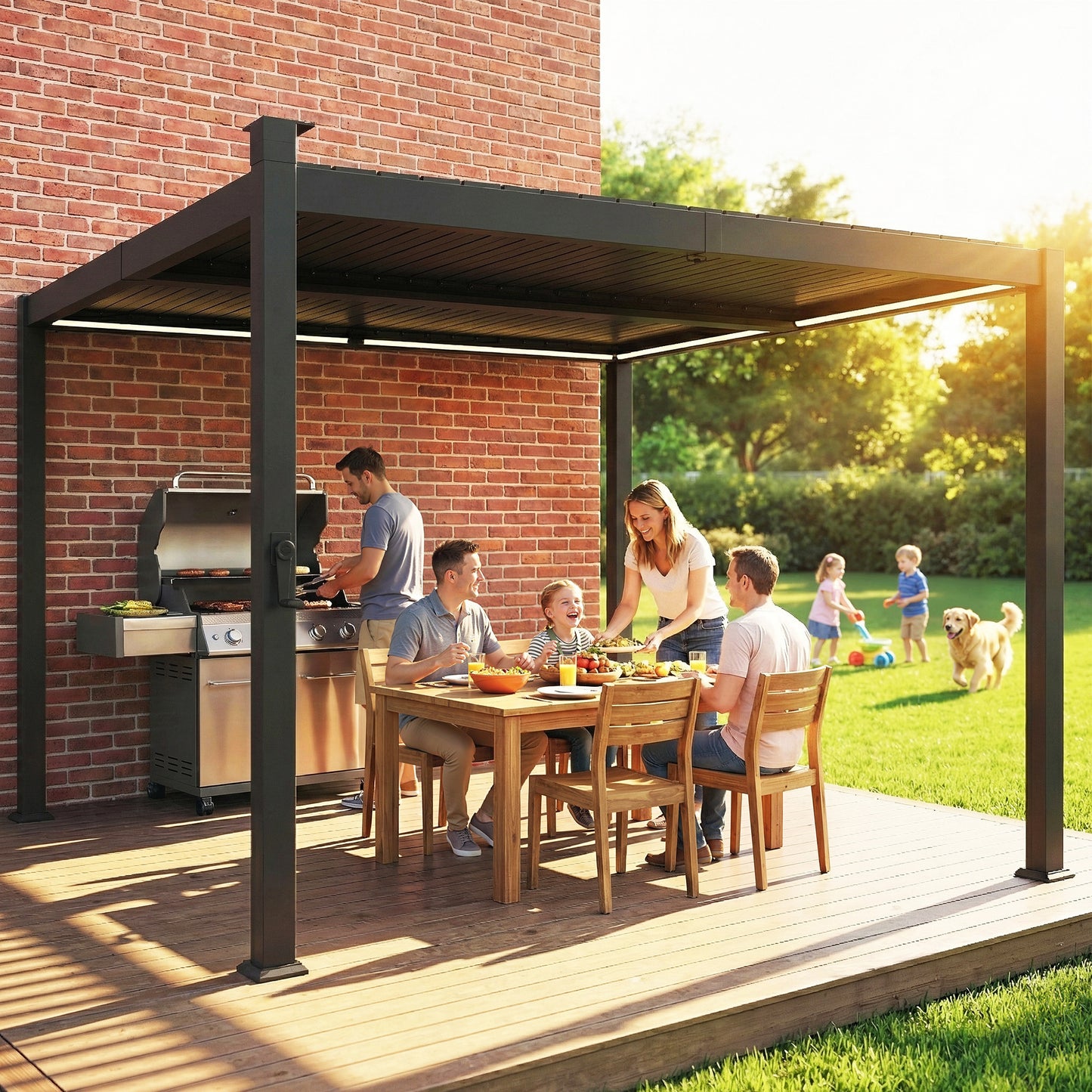 Outsunny 3 x 3 m Louvered Pergola With Solar LED Lights Metal Roof Drainage Gutters Black