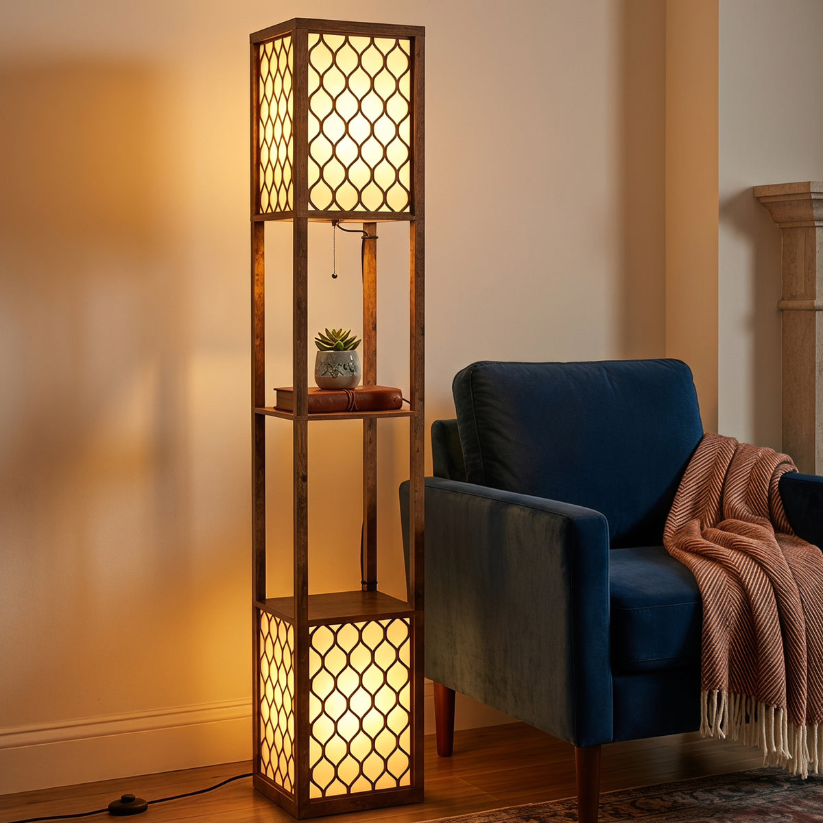 Rustic brown modern floor lamp column with dual lit panels and an open shelf nook at mid height.