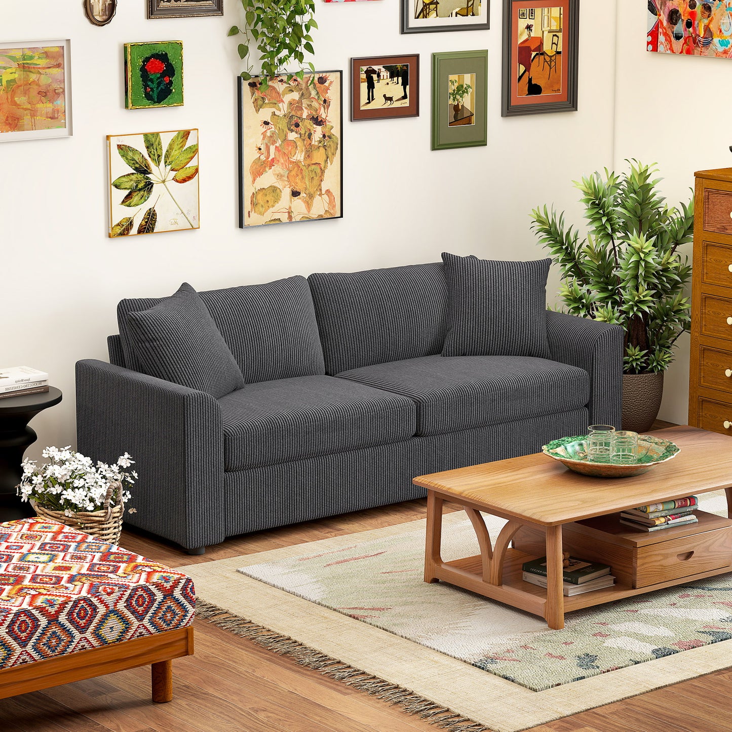 HOMCOM Modern 3 Seater Sofa 212 cm Corduroy Fabric With Spring Cushions And 2 Scatter Cushions Grey Living Room