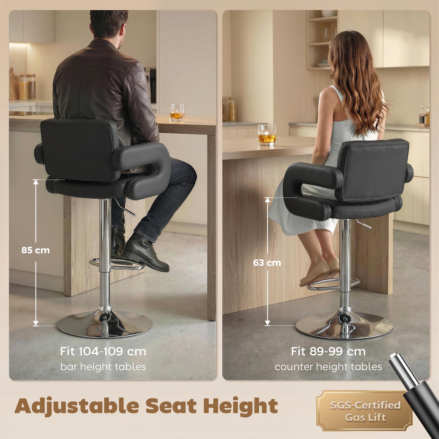 Homcom Adjustable Swivel Bar Stools With Backrest And Armrests Set Of 2 PU Leather Black