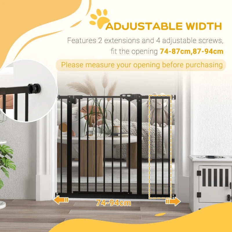 PawHut Metal Adjustable Dog Gate, Black, Expands from 74cm to 94cm - Secure Containment for Pets, Easy Installation - Ideal for Home Safety - ALL4U RETAILER LTD