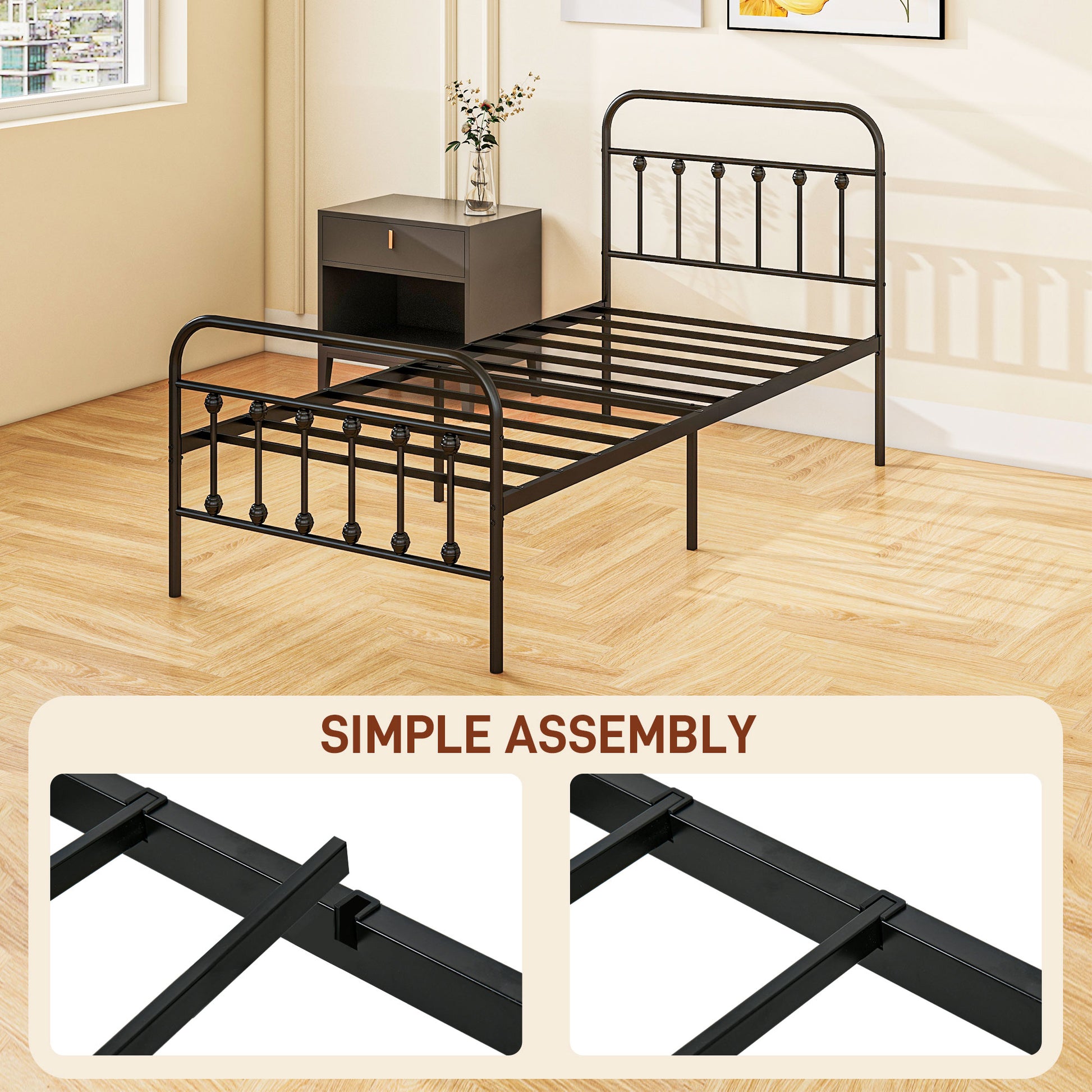 HOMCOM Minimalist 3ft Single Metal Bed Frame with Storage Space & Tall Headboard - No Box Spring Required, Easy Assembly, Black - ALL4U RETAILER LTD