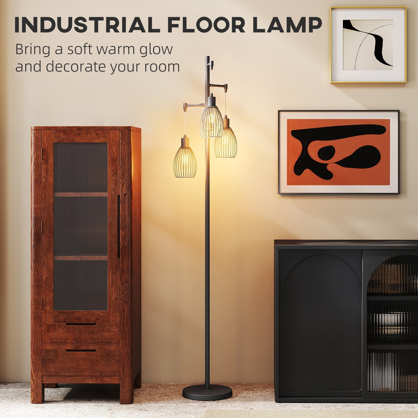 HOMCOM 3-Light LED Floor Lamp 170cm Tall 2700K Dimmable Industrial Standing Lamp with Steel Wire Cage Lampshades Black