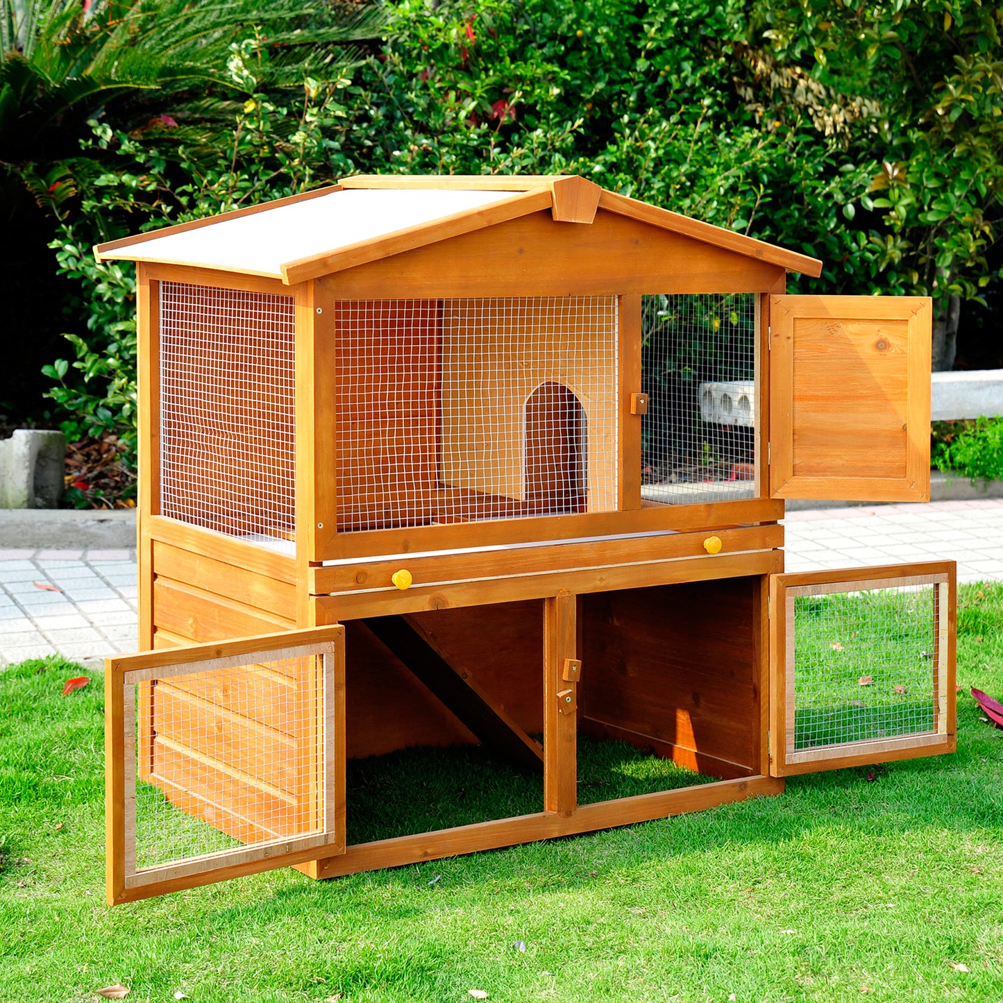 PawHut Deluxe 2-Story Wooden Rabbit Hutch with Run and Sliding Tray for Small Animals - ALL4U RETAILER LTD