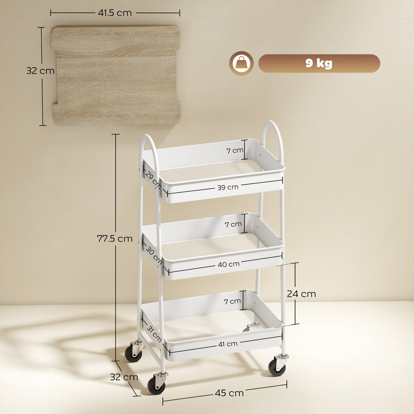 HOMCOM 3-Tier Kitchen Storage Trolley On Wheels With Cover Top Board White And Oak