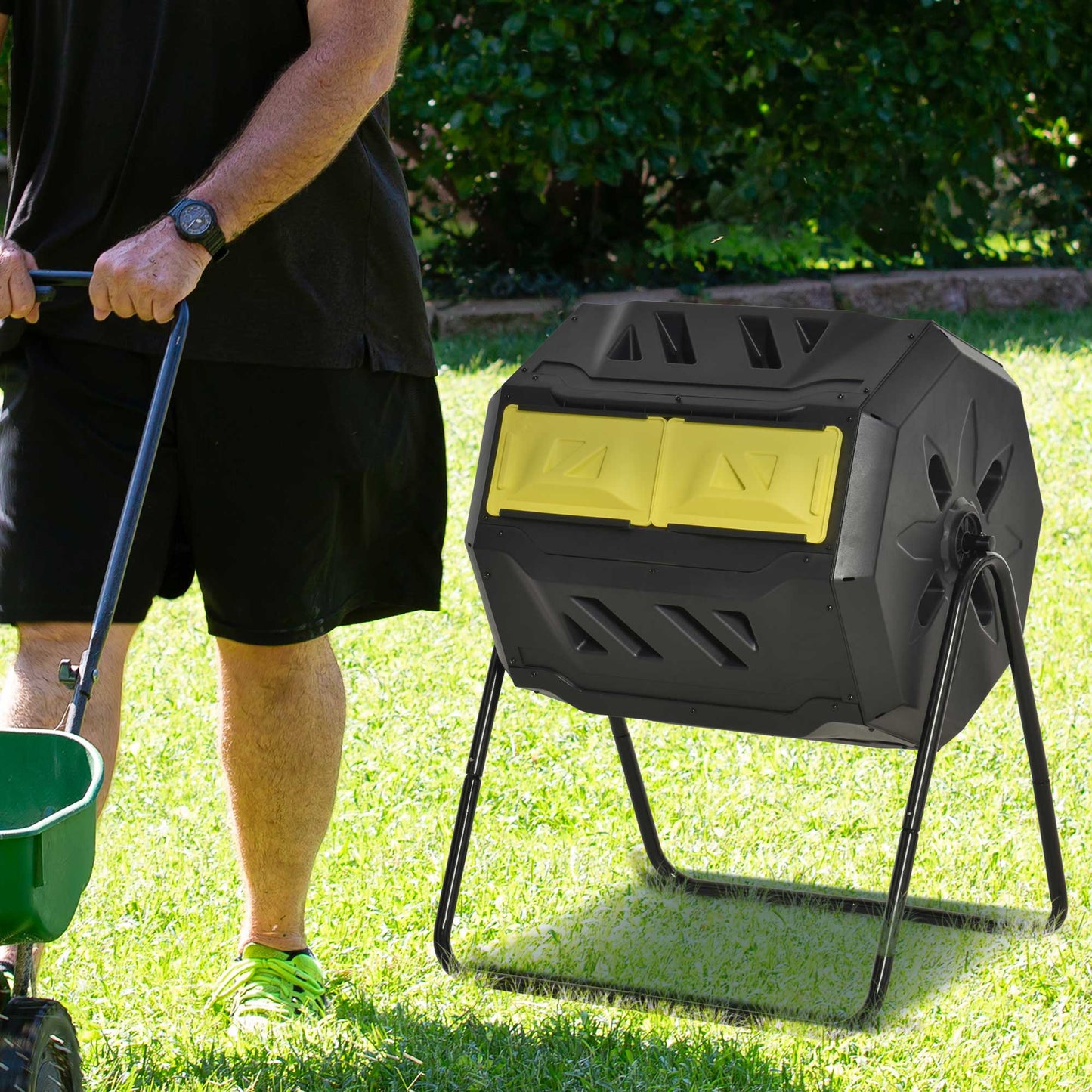 Outsunny 160L 360Â° Rotating Dual Chamber Composter - Yellow