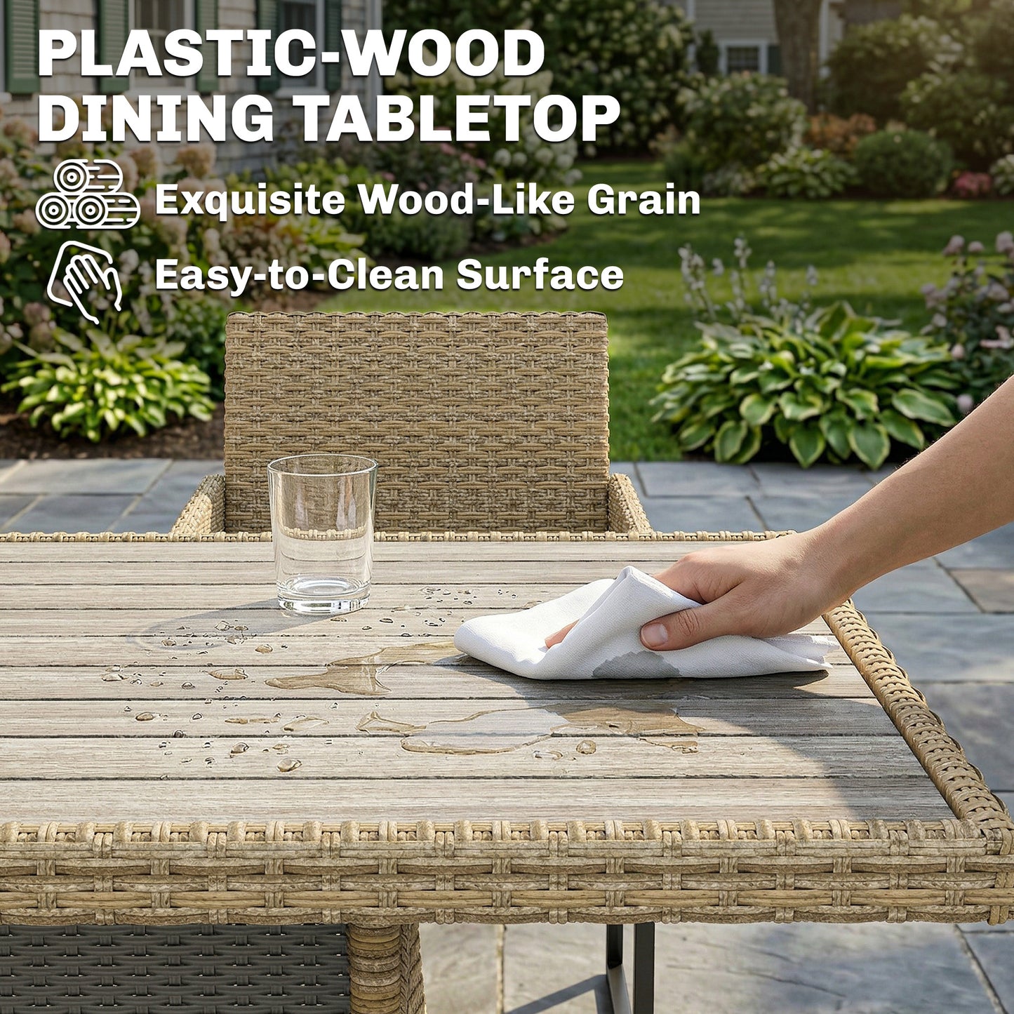 Outsunny 7 Piece Rattan Garden Dining Set With Wood Plastic Table And Six Stackable Chairs Dark Grey