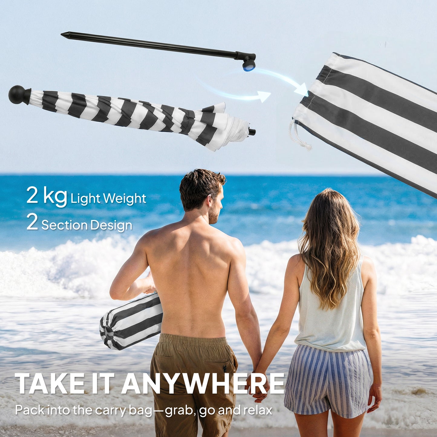 Outsunny 1.8m Beach Umbrella Parasol With Sand Anchor Tilting 30 Degree Canopy Adjustable Height Grey White