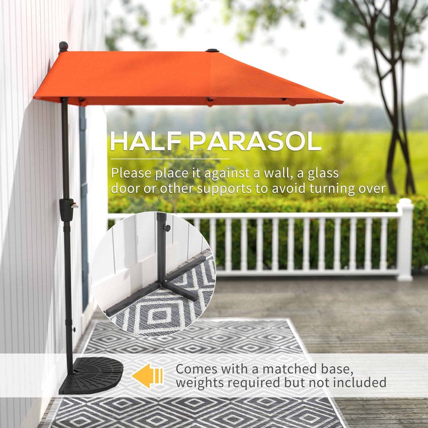 Outsunny 2m Half Parasol Umbrella Orange Extra Long Canopy For Wall Or Window Shade Outdoor Garden Sun Shelter