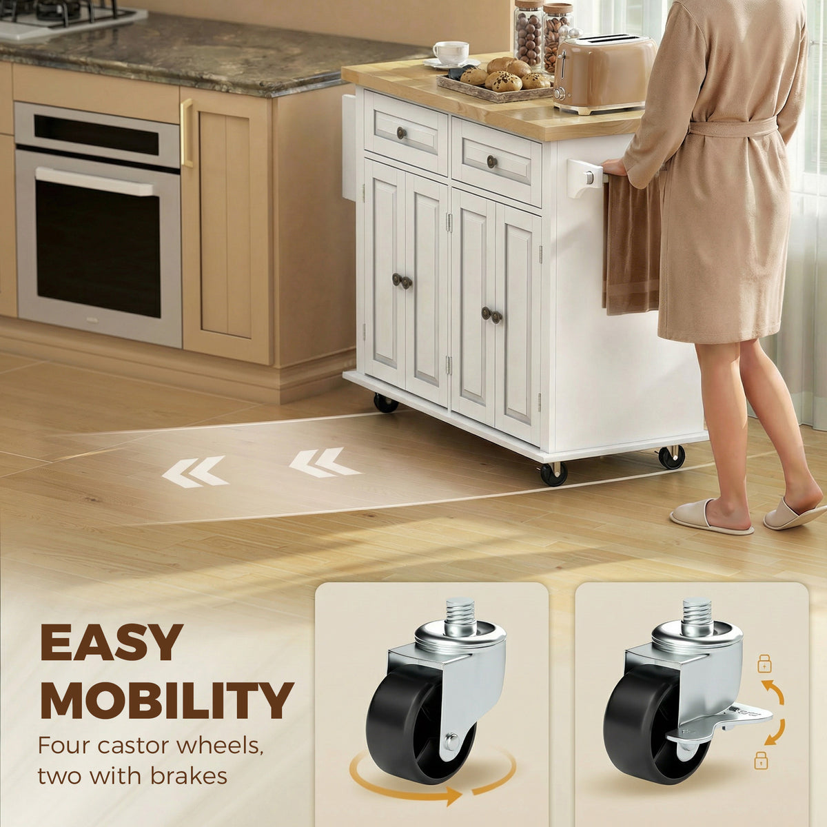 Homcom Rolling Kitchen Island Rubberwood Top Drawers Cream White Shelves