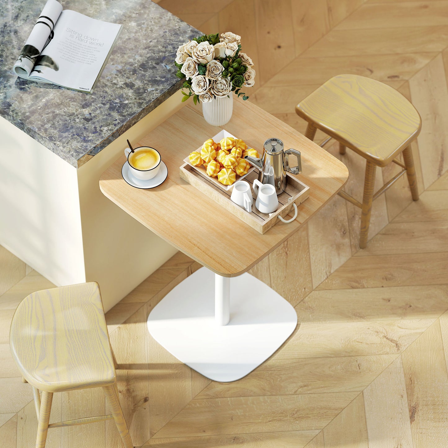 HOMCOM 60 Cm Square Dining Table With Wood Veneer Top And Steel Pedestal Base Natural Wood Finish