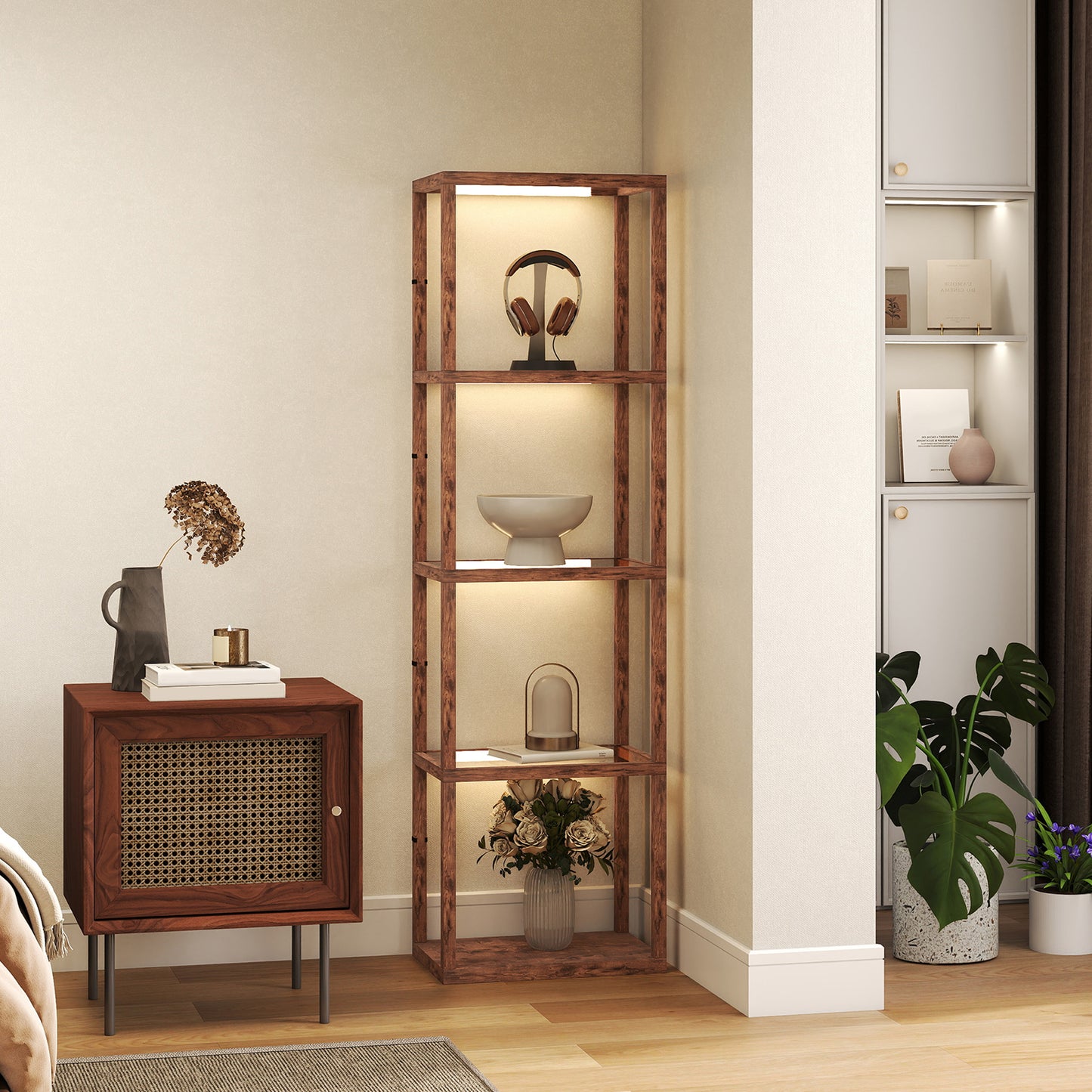 Homcom Four-Shelf Floor Lamp With Rustic Brown Finish Tempered Glass Shelves Warm White LEDs Three Brightness Levels