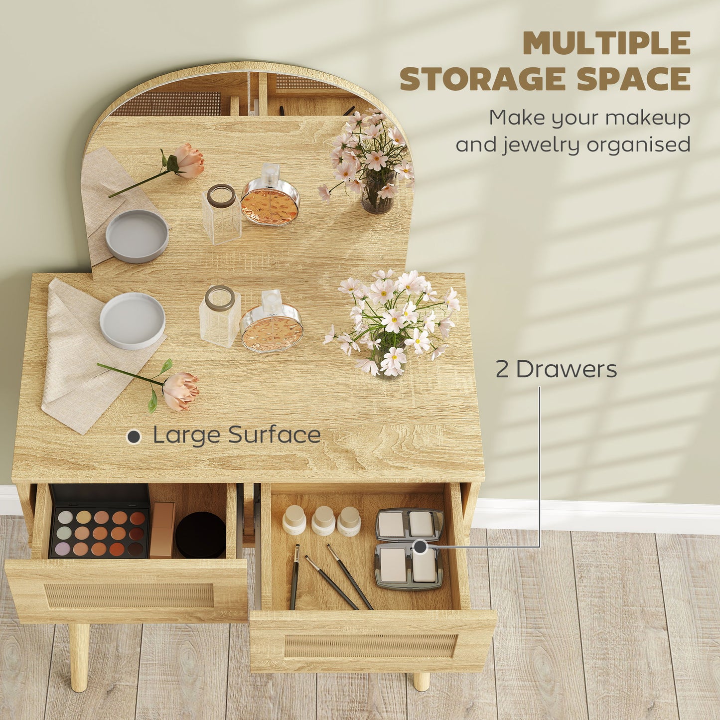 HOMCOM Compact Dressing Table Vanity Desk With Mirror And Two Drawers Natural Wood Finish