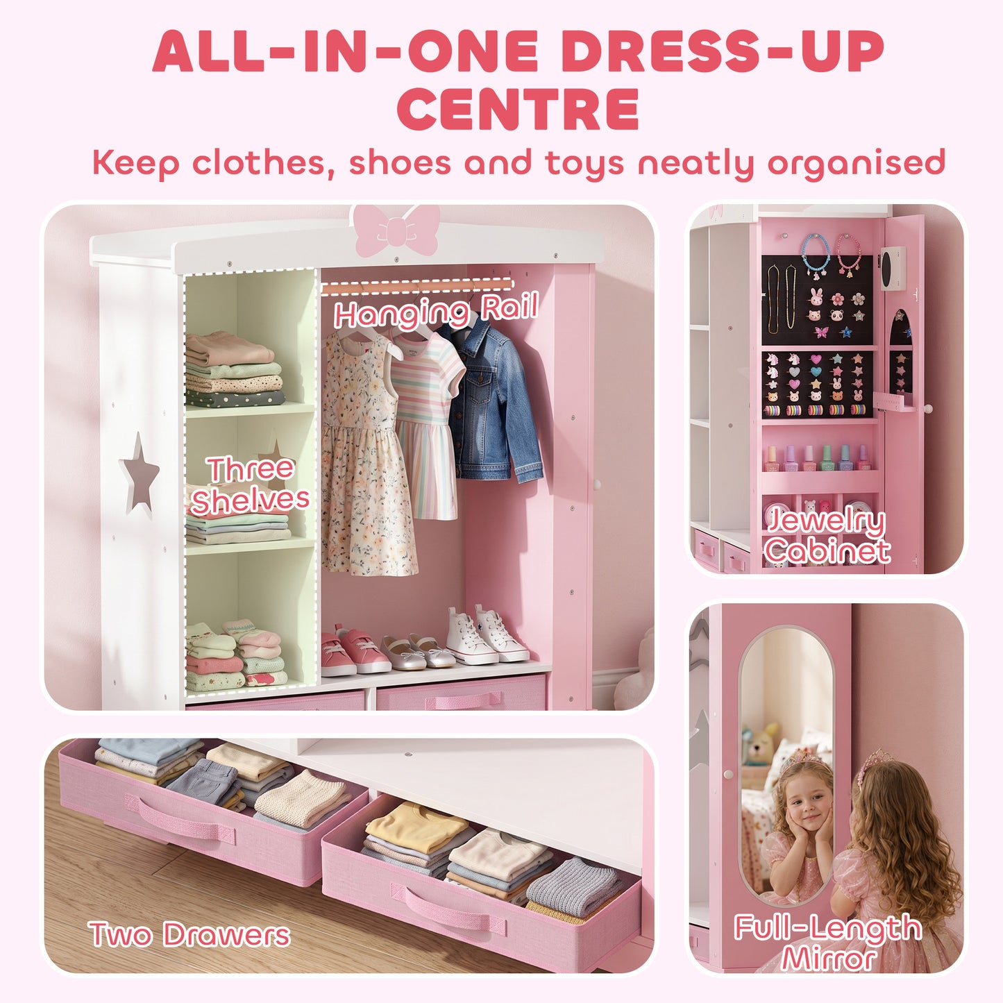 AIYAPLAY Kids Wardrobe With Lighted Mirror Pink Storage Cabinet For Bedroom
