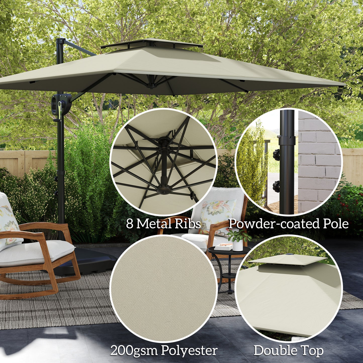 Outsunny Cantilever Parasol With Weighted Base Double Top Square Hanging Patio Umbrella Crank Tilt Light Grey