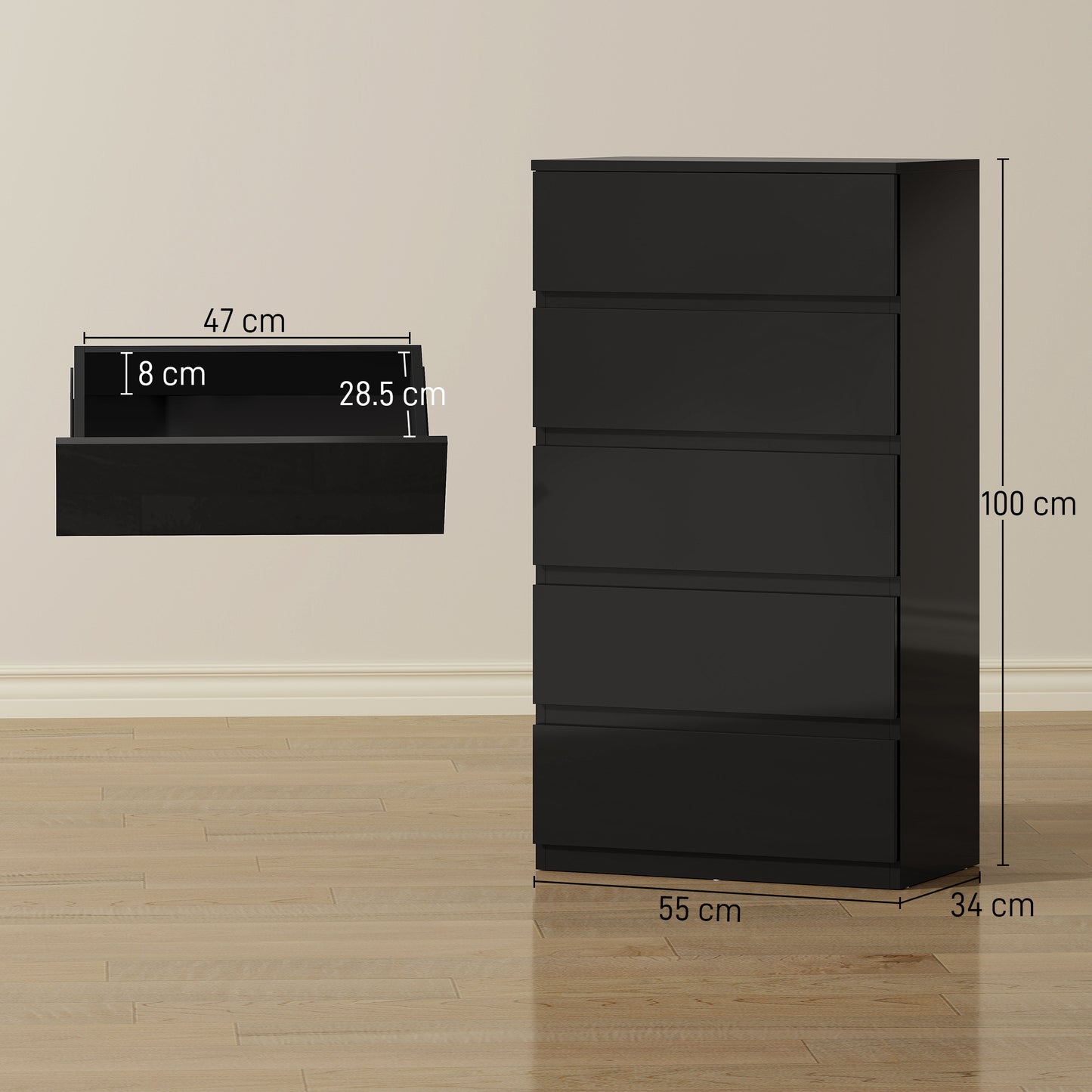 HOMCOM Five Drawer Chest Of Drawers Modern Dresser Storage Cabinet For Bedroom Organization