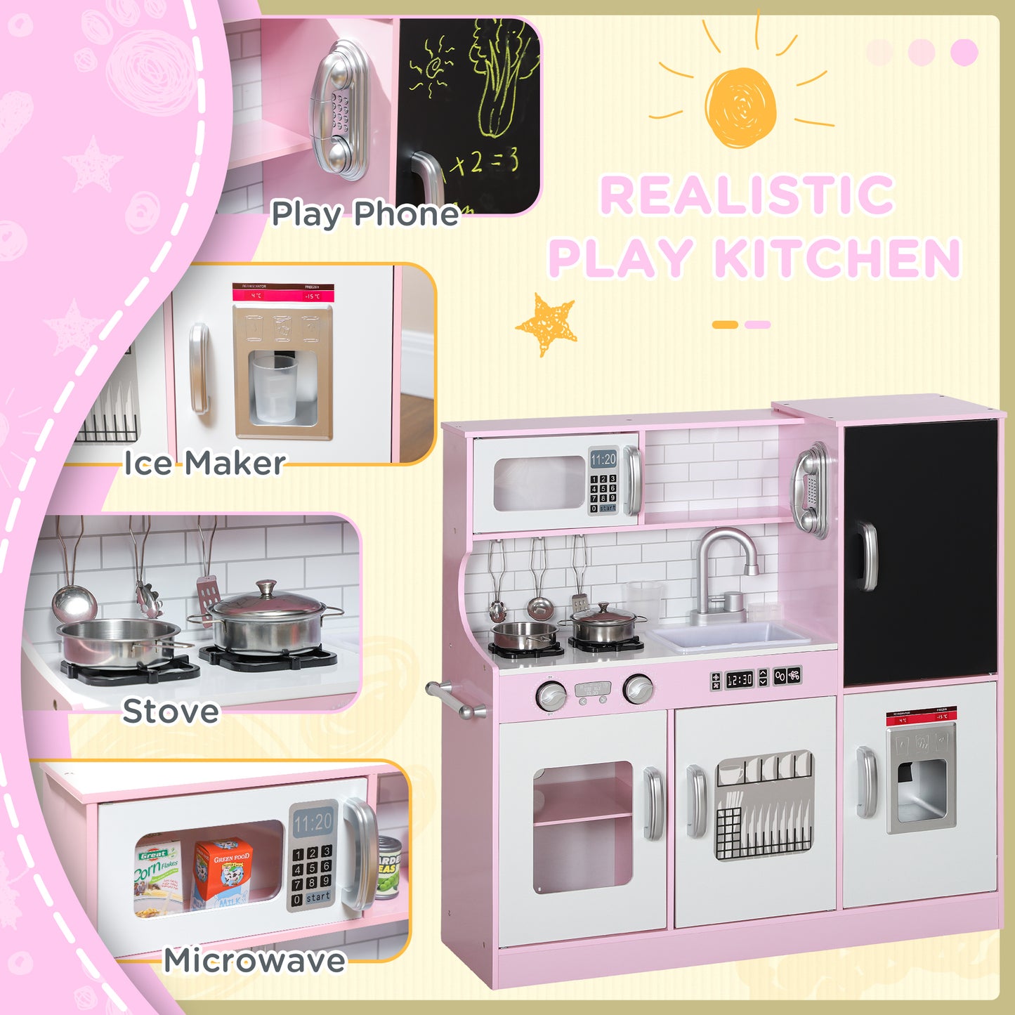 AIYAPLAY Deluxe Pretend Play Kitchen Set for Kids with Accessories - Toy Phone, Chalkboard, Microwave, Stove & Sink