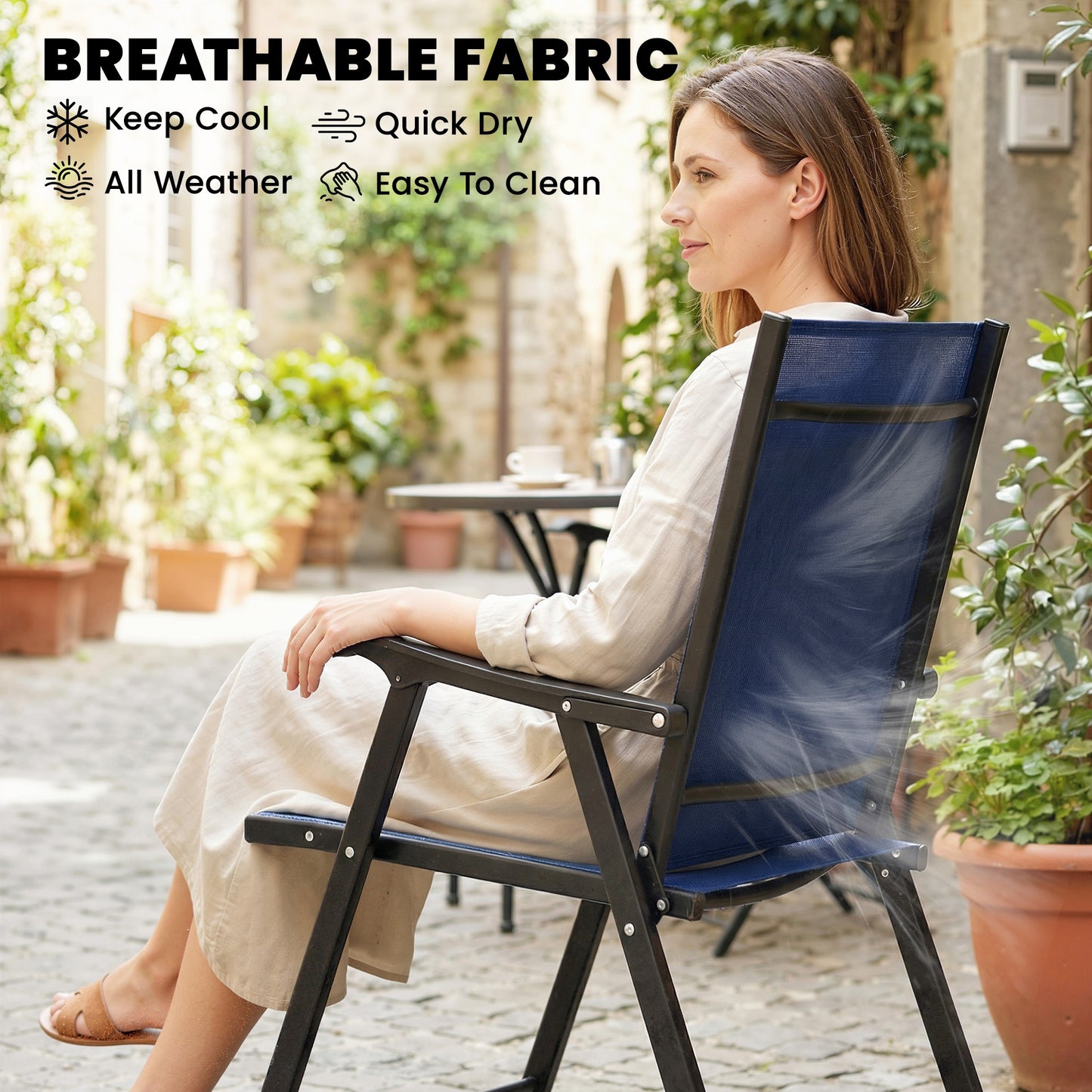 Outsunny Folding Garden Chairs Set of 4 Navy Blue High Back With Armrests Texteline Seat