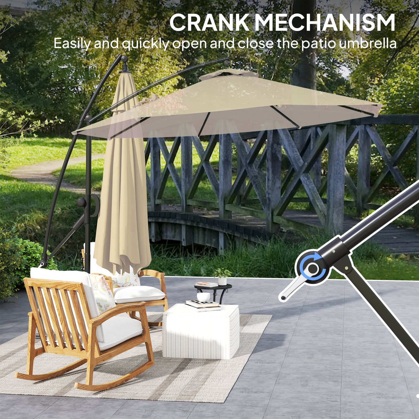 Outsunny 3m Cantilever Garden Parasol With Cover And Wind Protection Strap Overhanging Umbrella Crank Tilt UPF50 Khaki
