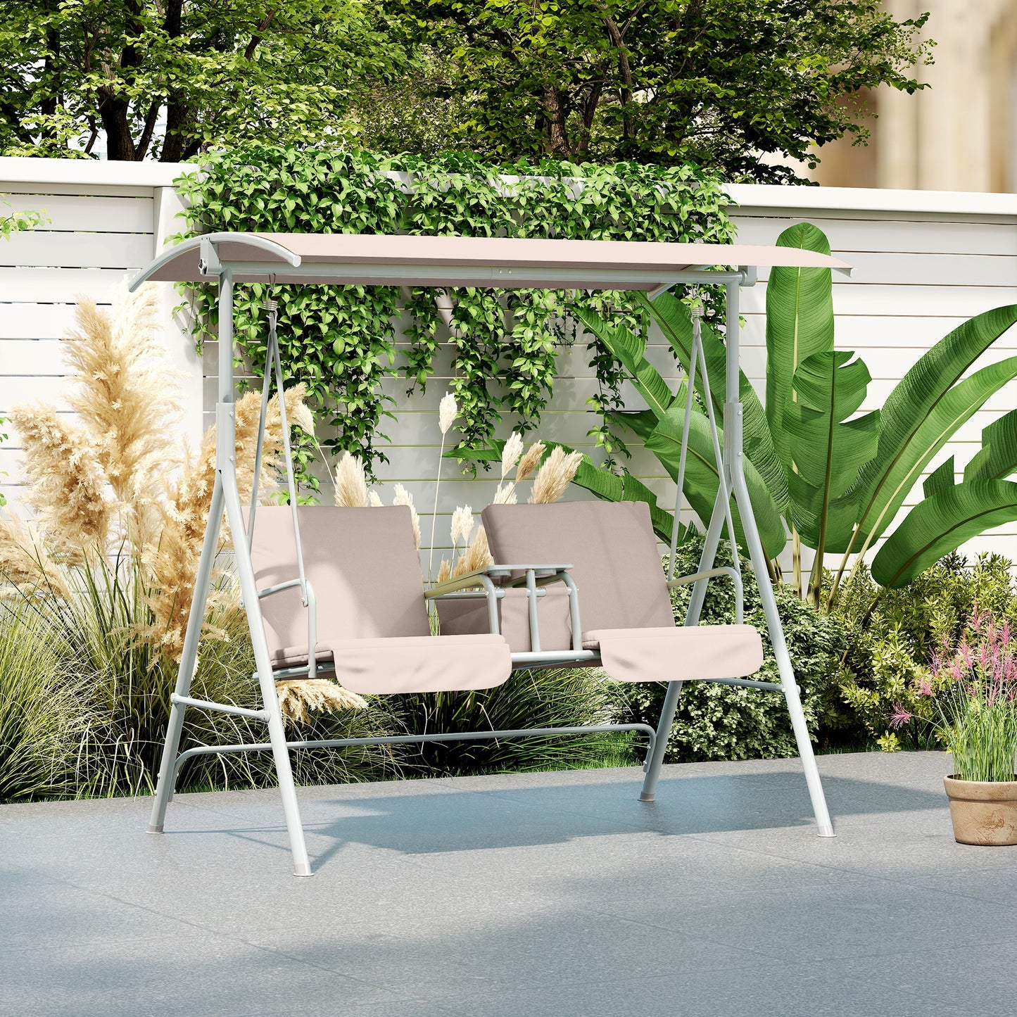 Outsunny 2 Seater Garden Swing Chair Patio Rocking Bench Tilting Canopy Double Padded Seats Storage Bag Tray Beige