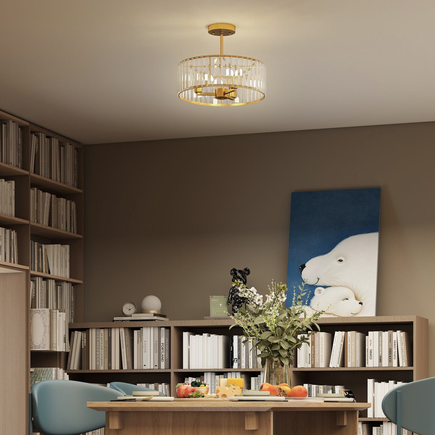 HOMCOM Crystal Ceiling Light Fixture Semi Flush Mount Modern Crystal Chandelier E14 Base 3 Lights Gold Tone
