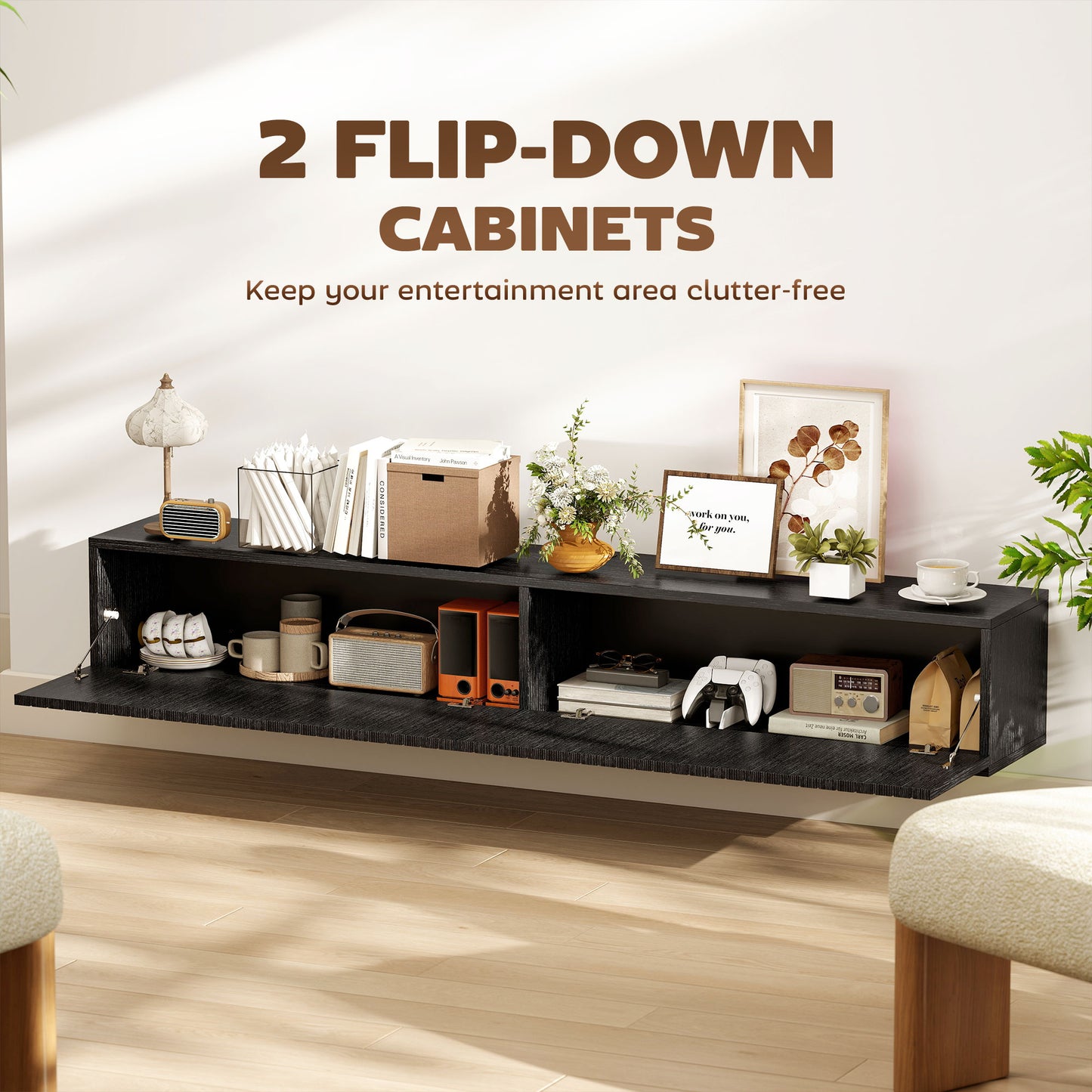 HOMCOM 140cm Floating Wall Mount TV Stand In Black With Cable Management Hole Fits Up To 72 Inch TV