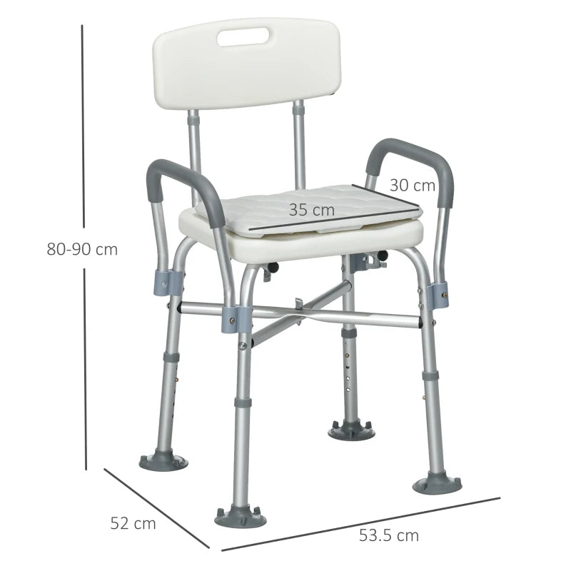 HOMCOM Aluminium Shower Chair with Backs and Arms, Height Adjustable Seat, Removable Padded Cushion, for Seniors, Disabled, Pregnant - White - ALL4U RETAILER LTD