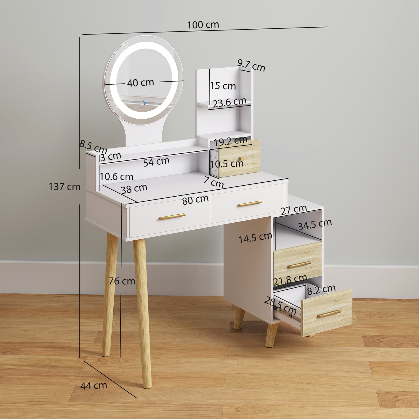 HOMCOM White Elegant Dressing Table With Ample Storage And LED Round Mirror Vanity Desk For Makeup