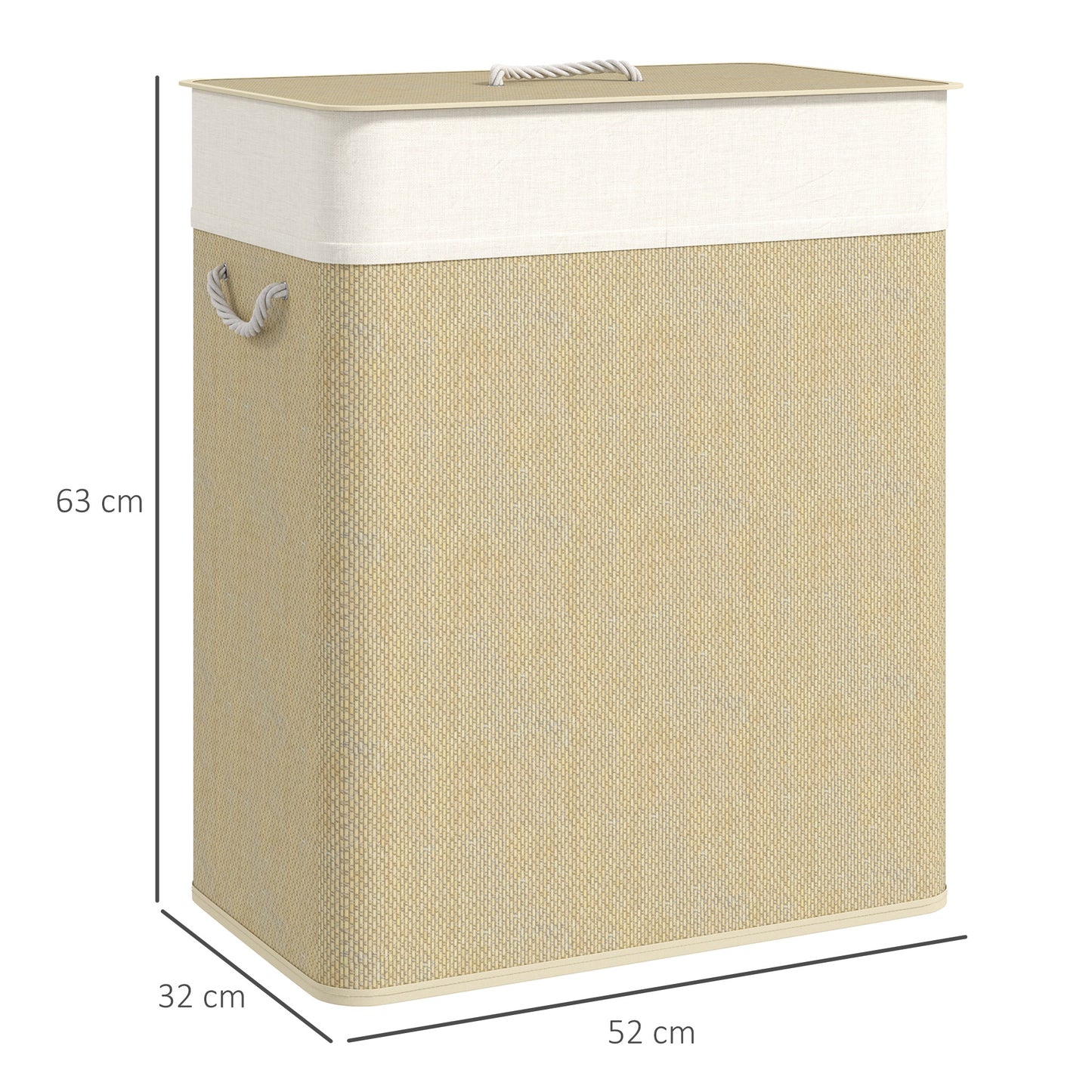HOMCOM Double Laundry Hamper With Lid 100L Bamboo Basket With Rope Handles And Removable Liner Cream White