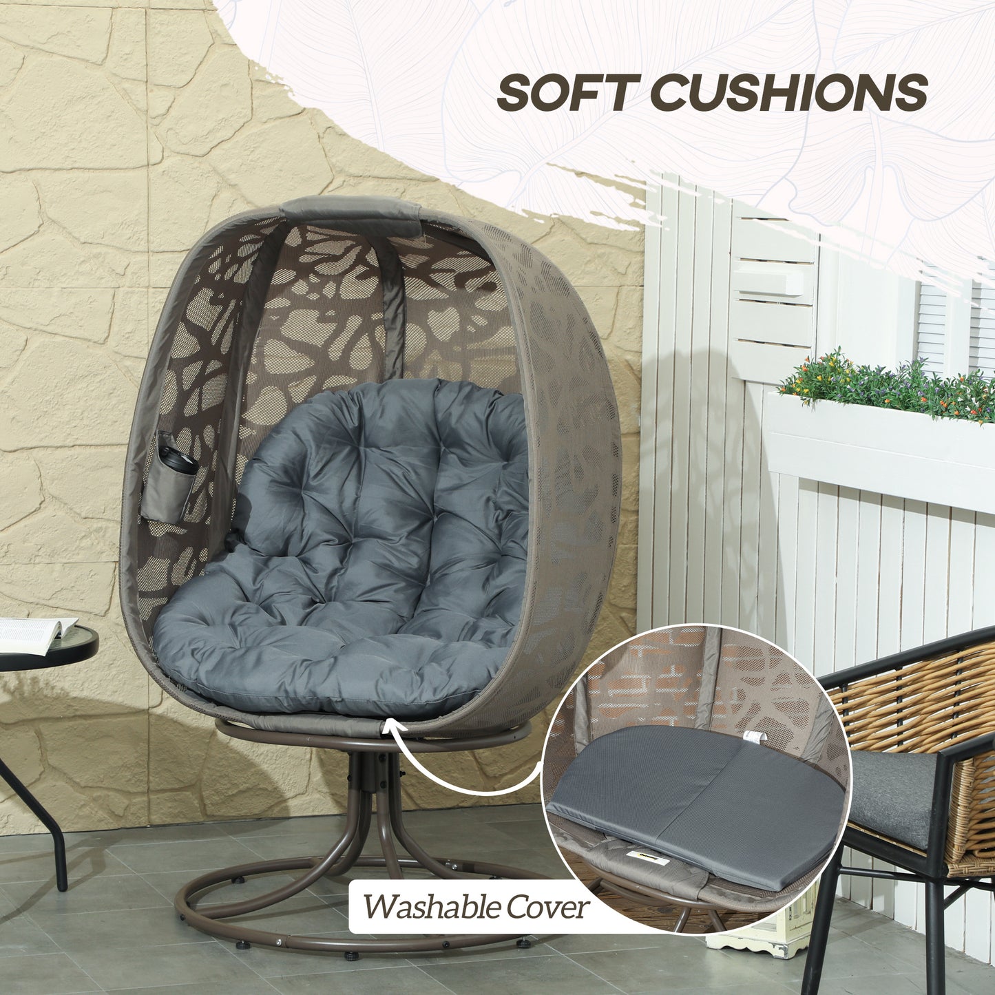 Outsunny Swivel Egg Chair with Cushions Grey Metal Frame Indoor Outdoor Lounge Chair for Patio Balcony Living Room