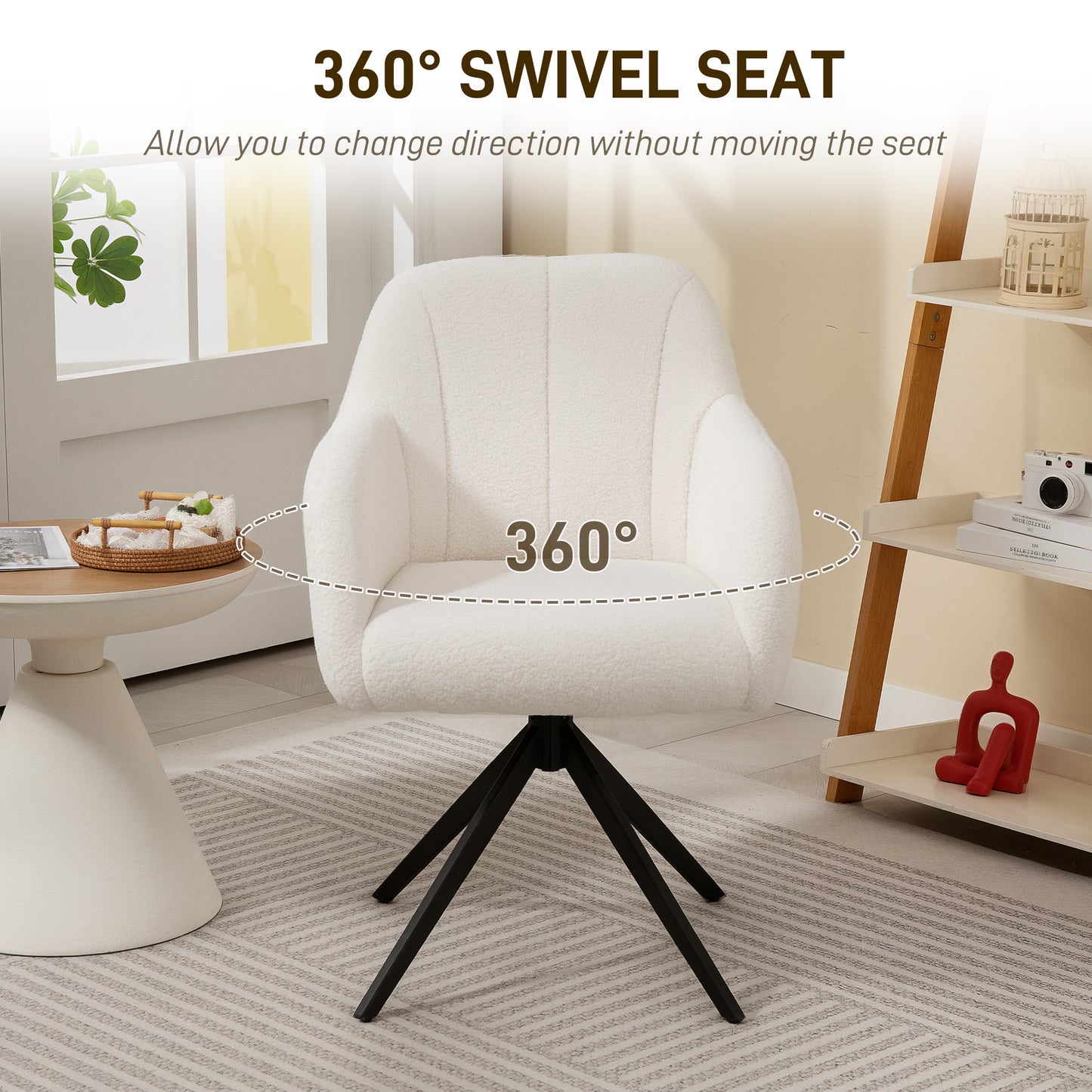 HOMCOM 360 Degree Swivel Accent Chair Teddy Fleece Armchair With Steel Legs for Living Room Bedroom Home Office White