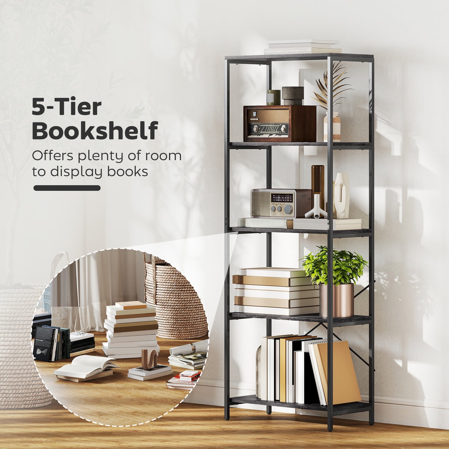 HOMCOM 5 Tier Bookshelf Industrial Bookcase With Metal Frame Black And Dark Wood Effect