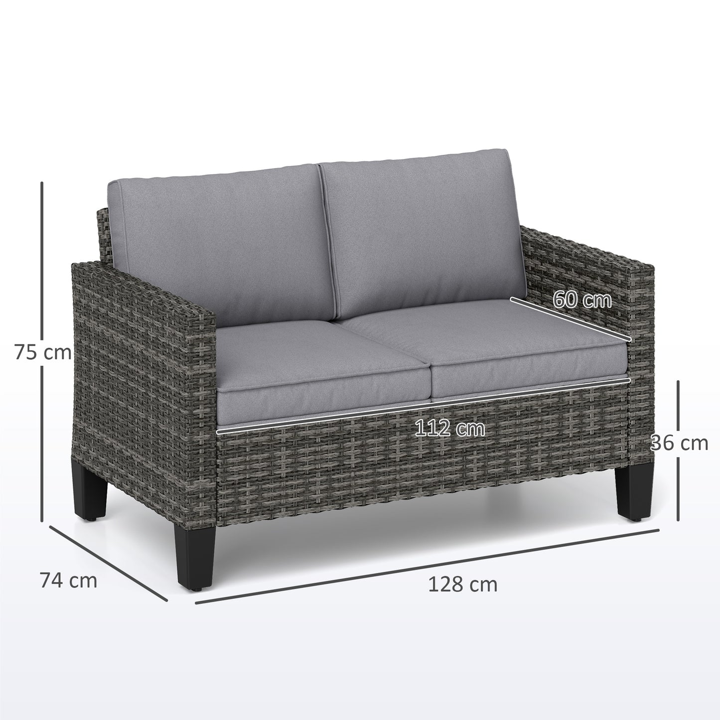Outsunny Two Seater Rattan Outdoor Sofa Dark Grey With Thick Cushions And Adjustable Feet
