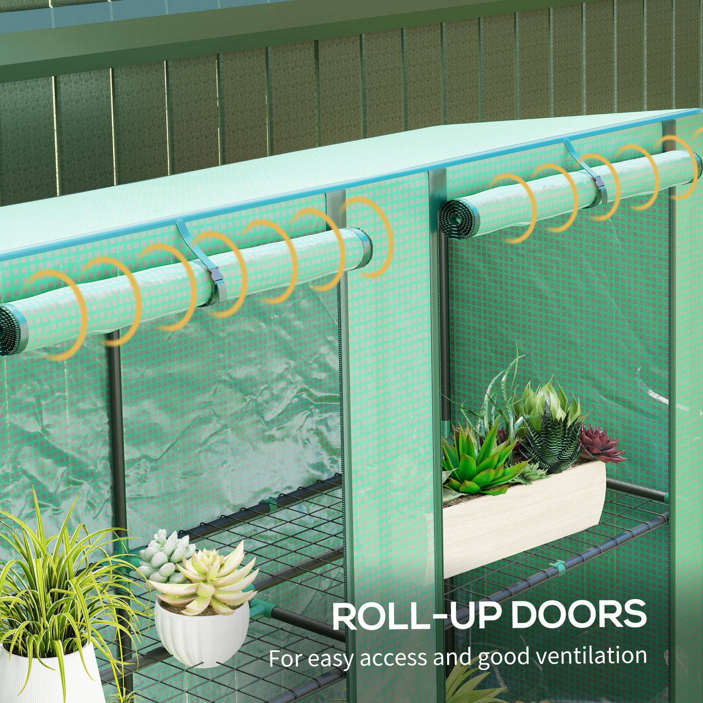 Outsunny Three Tier Mini Greenhouse Green With Roll Up Zip Door And 140 Gram Per Square Meter Plastic Cover